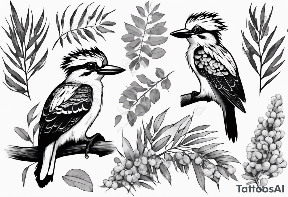 Cartoon kookaburra sitting on wattle and eucalyptus leaves tattoo idea