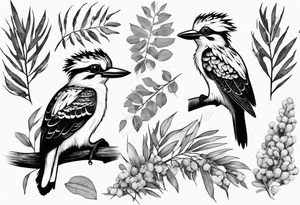 Cartoon kookaburra sitting on wattle and eucalyptus leaves tattoo idea