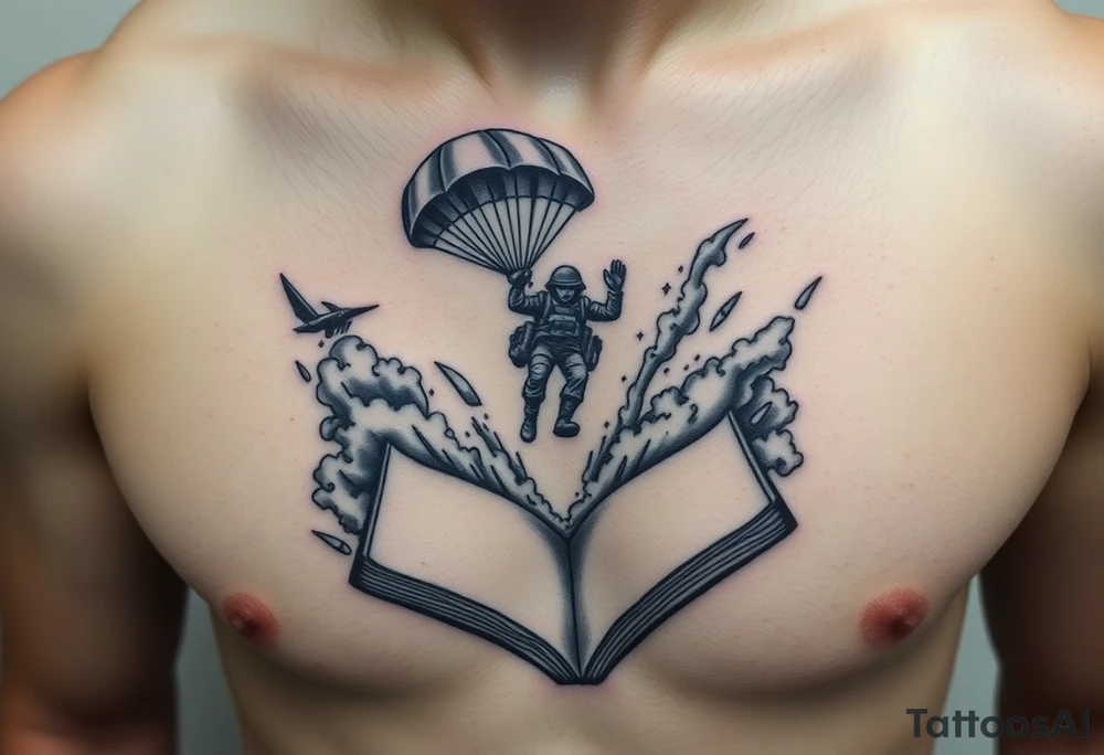 A parachuting soldier falling into an open book. Chaos surrounding, but the book is protecting the soldier from it. On the chest. Make the tattoo smaller. Make it thought provoking. Make the chaos in the environment be an eerie mist. Make the pages in the book be blank. Just one soldier, no other characters. the book is old. tattoo idea