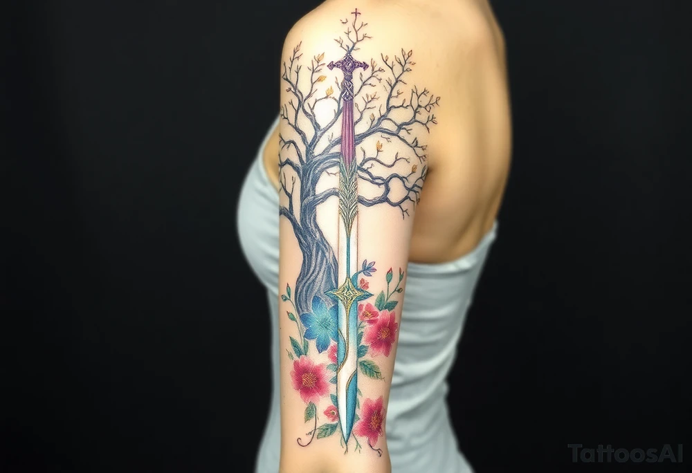 based on the Lord of the rings movies with the tree of Gondor, the Evenstar, the sword Narsil, and flowers tattoo idea