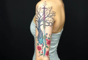 based on the Lord of the rings movies with the tree of Gondor, the Evenstar, the sword Narsil, and flowers tattoo idea