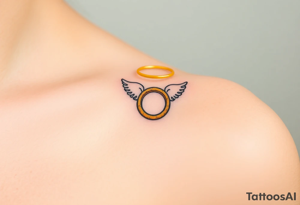 A golden wedding band floating within an angelic halo, glowing softly. tattoo idea