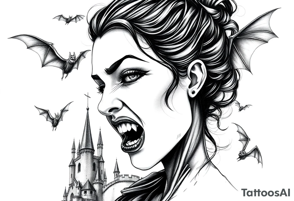 female vampire,bats,old castle,teeth. tattoo idea