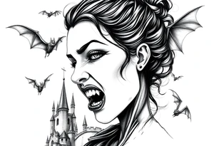 female vampire,bats,old castle,teeth. tattoo idea
