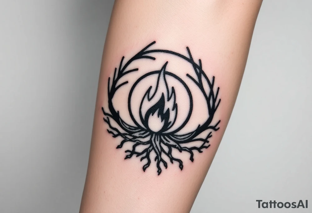 a round flame imprisoned in a roots circle tattoo idea