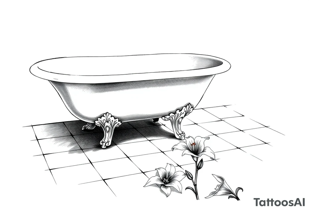Clawfoot bathtub on tile floor with lily coming up from floor tattoo idea