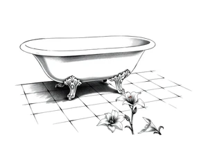 Clawfoot bathtub on tile floor with lily coming up from floor tattoo idea