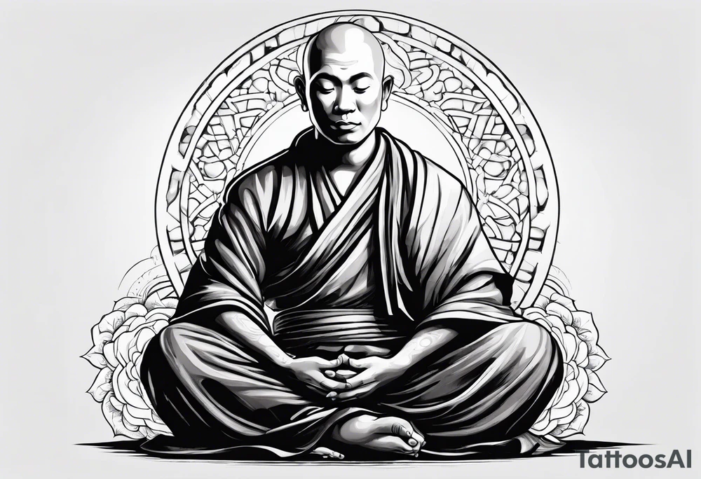 A monk sitting crossed legged on the ground, eyes closed a master meditator enlightened being tattoo idea