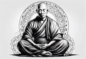 A monk sitting crossed legged on the ground, eyes closed a master meditator enlightened being tattoo idea