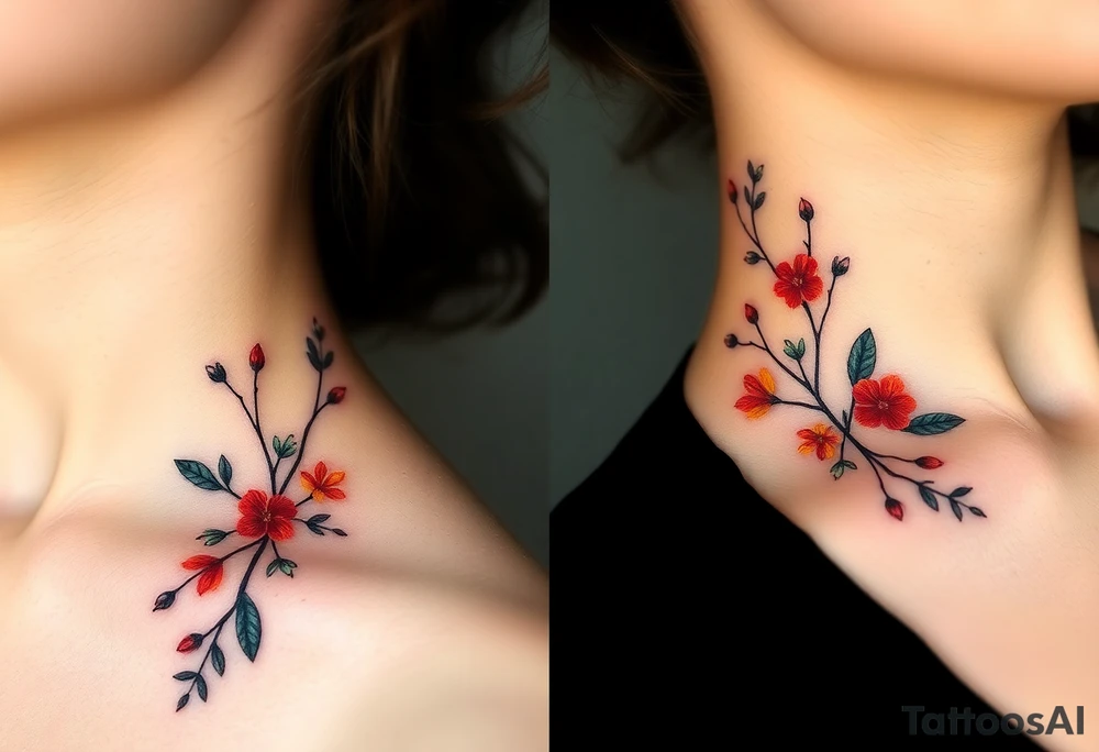 Two separate collarbone tattoos of long, stems and branches covered with red, orange, yellow and dark forest green leaves and flowers, fall themed, muted, delicate and gentle but moody, long and thin, following the collarbone. tattoo idea