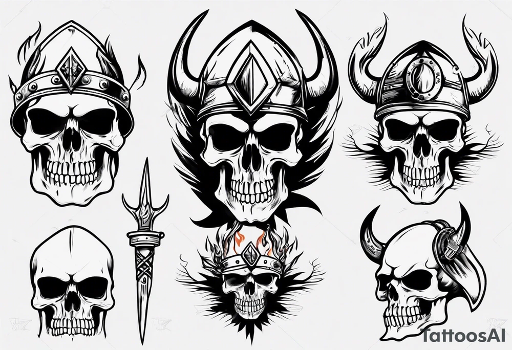 Skull head with viking hat and flames tattoo idea
