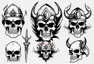 Skull head with viking hat and flames tattoo idea