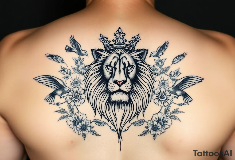 powerful majestic lion with a crown, surrounded by floral ornaments and birds tattoo idea
