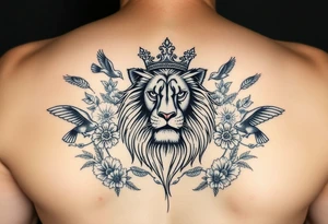 powerful majestic lion with a crown, surrounded by floral ornaments and birds tattoo idea