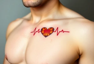 A heartbeat line forming a heart in the center, in glowing red and soft golden hues, symbolizing an unbreakable love tattoo idea