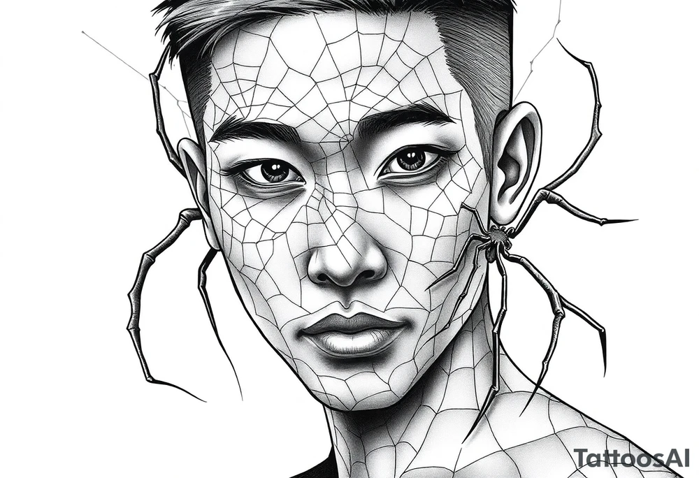 Handsome Asian young guy covered with spiders web tattoo idea