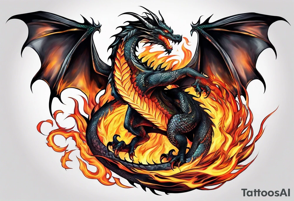 dragon and fire in long horizontal tattoo idea