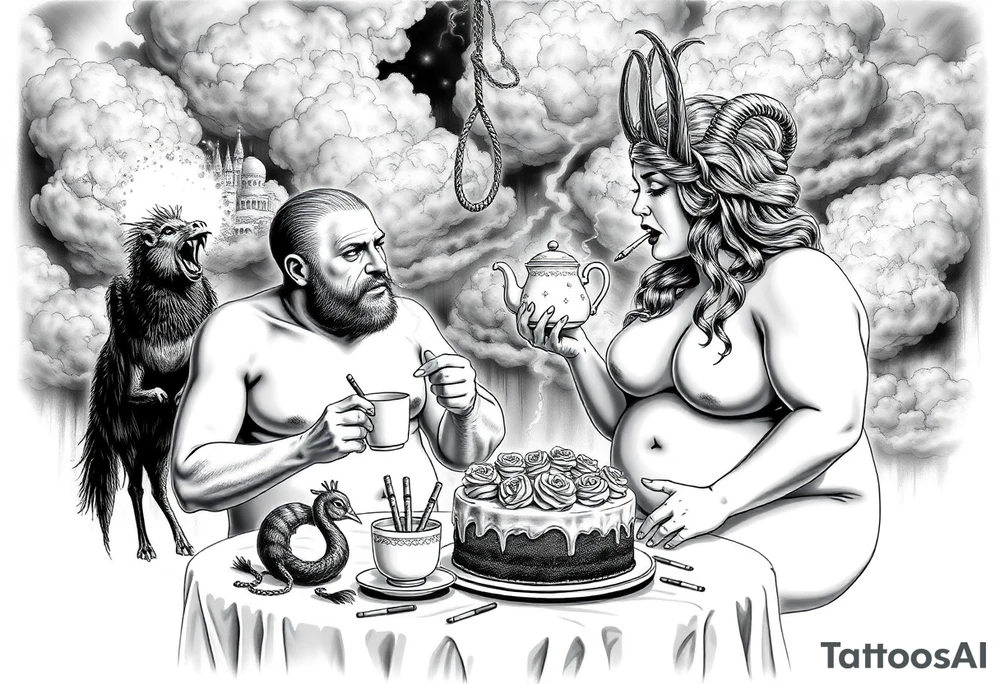 Mystical Naked Man and woman eating cake  having sex Storm lightening clouds gothic sexy naked fat lady having a tea party with tea pot and medieval castle explosions
with a piggy, peacock, noose, lion, goat, smoking cigerettes looking in the mirror thru storm clouds with razor blades and broken hearts and darkness and wrath, envy , gluttony, greed, sloth, pride kill tattoo idea