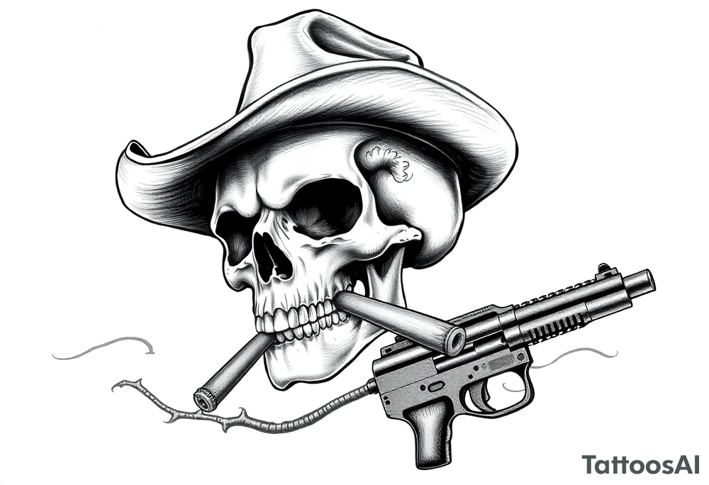 a skull with cowboy-hat and agun in his hand and a cigar in his mouth. tattoo idea