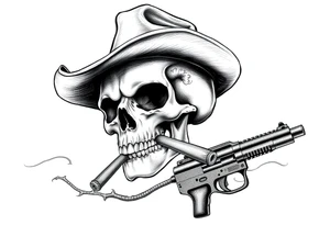 a skull with cowboy-hat and agun in his hand and a cigar in his mouth. tattoo idea