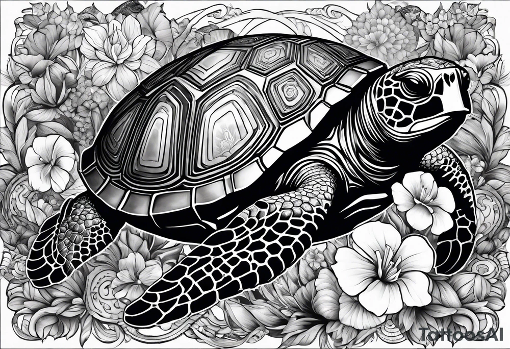 Full Sleeve and chest, Viking, Hawaiian, sea Turtle, flowers tattoo idea