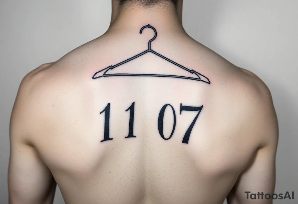 I want a tattoo about 7 cm in size that includes a drawing of a clothes hanger and the numbers 11 07, all in a realistic, beautiful style with stylish lettering tattoo idea