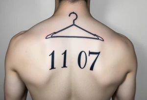 I want a tattoo about 7 cm in size that includes a drawing of a clothes hanger and the numbers 11 07, all in a realistic, beautiful style with stylish lettering tattoo idea