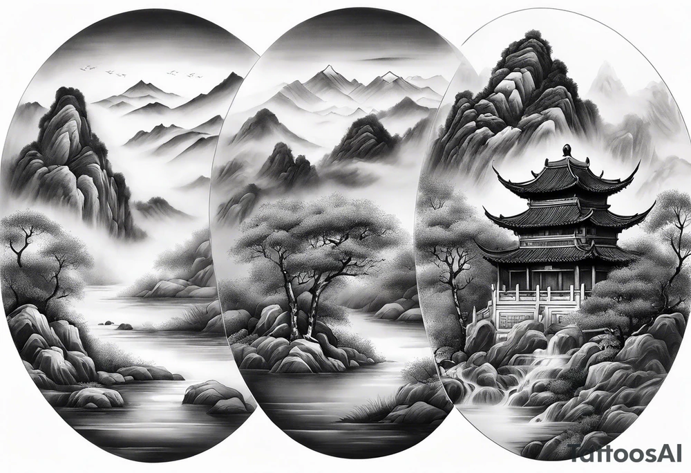 forearm sleeve traditional chinese art painting style autumn mountains mist fog water Chinese temple two monks wearing robes tattoo idea