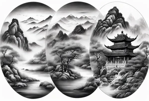 forearm sleeve traditional chinese art painting style autumn mountains mist fog water Chinese temple two monks wearing robes tattoo idea