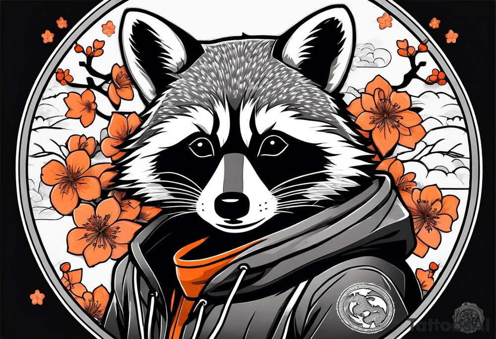Raccoon wearing a white Superman logo on a black hoodie and orange Japanese cherry blossoms beside tattoo idea
