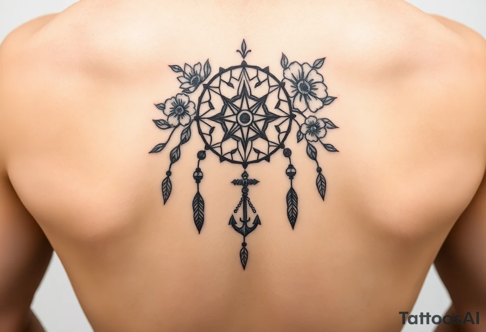 Boho dream catcher with compass and anchor Beautiful flowers and an ornamental chandelier like look tattoo idea