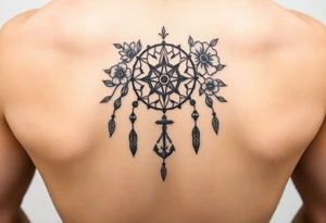 Boho dream catcher with compass and anchor Beautiful flowers and an ornamental chandelier like look tattoo idea