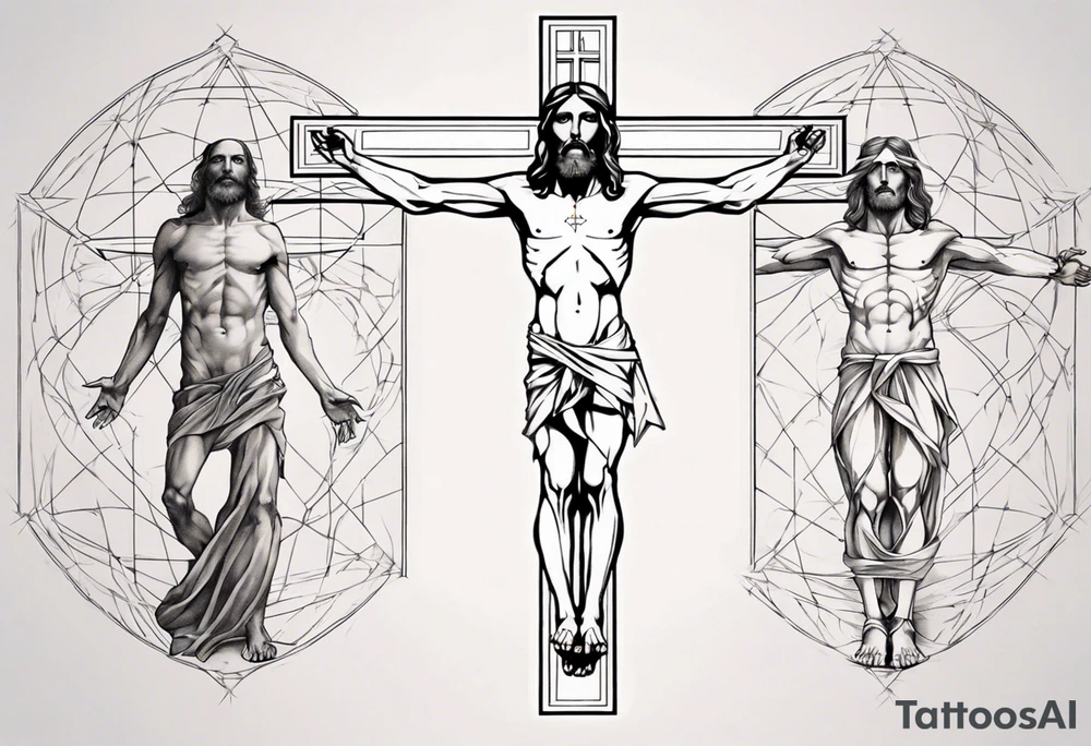 Geometric Vitruvian man combined with Jesus on the cross in front tattoo idea