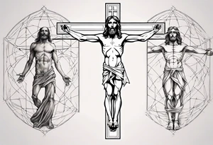 Geometric Vitruvian man combined with Jesus on the cross in front tattoo idea