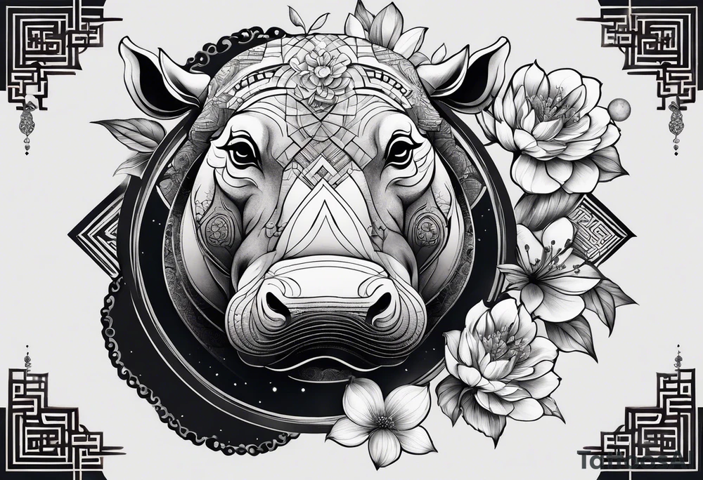 Very asymmetrical, +geometric pattern, with realistic full moon, with serious looking hippo, +zen feel, + Buddhism touch, +tribal, +geometric, +chinese inkart 
with wintersweet flower bud, +portrait orientation, +inkart touch, tattoo idea