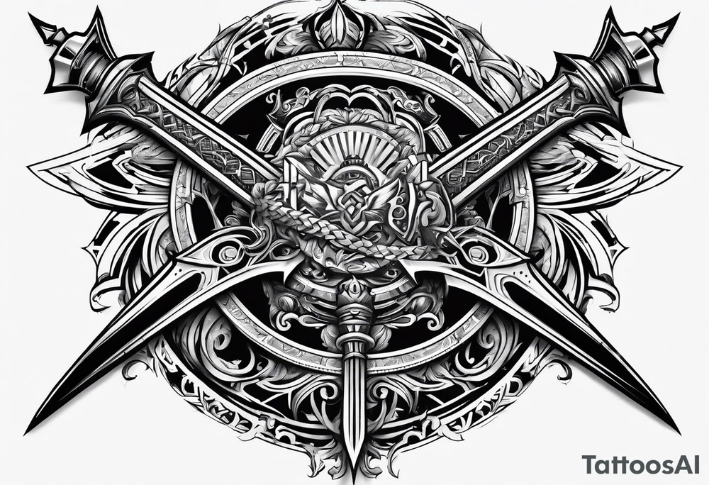cyber sigilism round pointy swords shoulder design tattoo idea