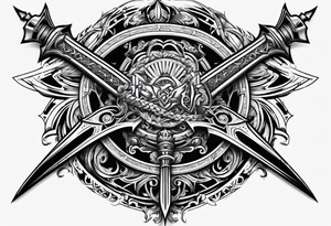 cyber sigilism round pointy swords shoulder design tattoo idea