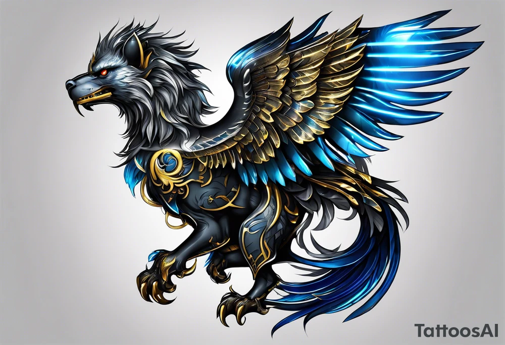 black cyber matallic griffin with golden and silver accents and blue neon tattoo idea