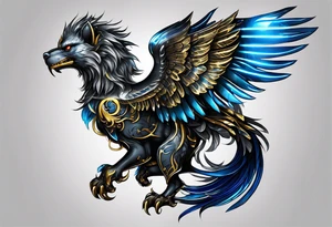 black cyber matallic griffin with golden and silver accents and blue neon tattoo idea