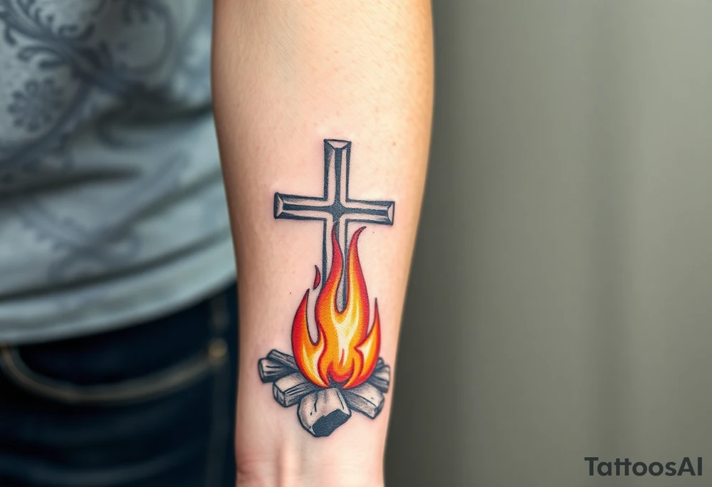 Campfire with cross include the great outdoors and night sky make sure cross doesn't look like it is on fire tattoo idea