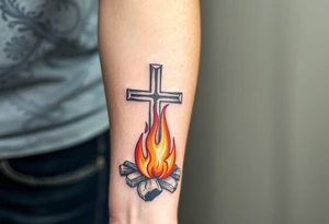 Campfire with cross include the great outdoors and night sky make sure cross doesn't look like it is on fire tattoo idea