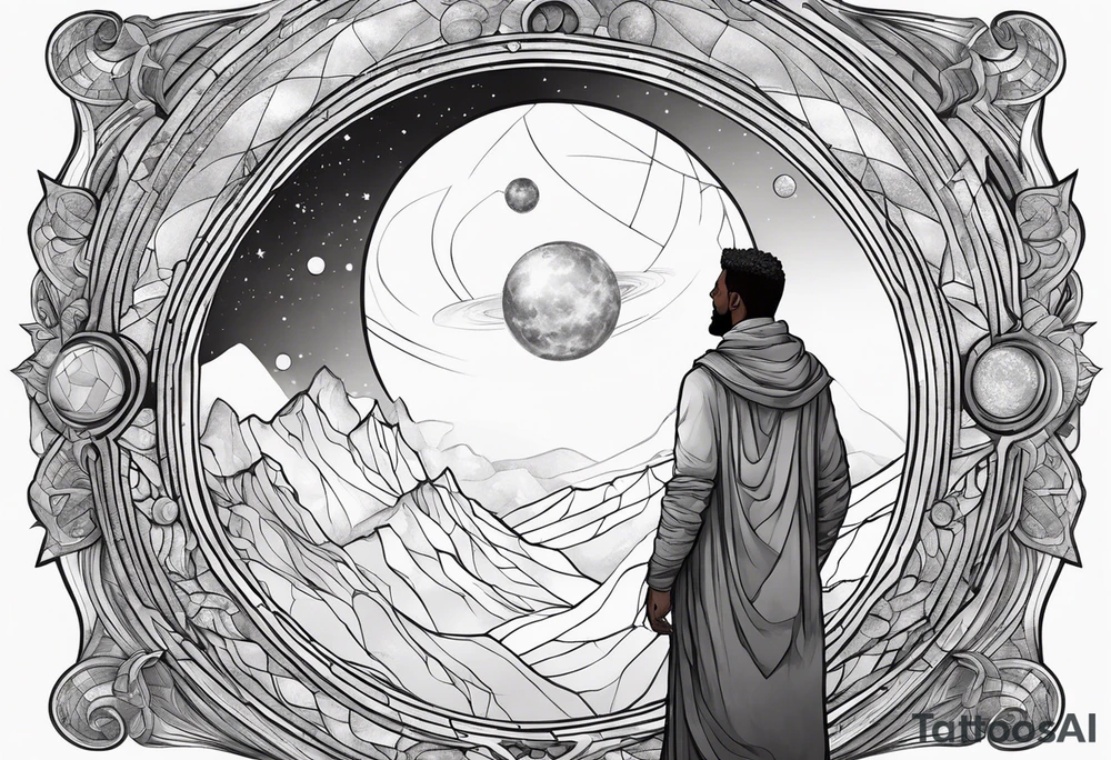 Jehovah looking out at the marvels of his creation from the atoms to the galaxy and celestial beings. With grey wash and a fantasy theme tattoo idea