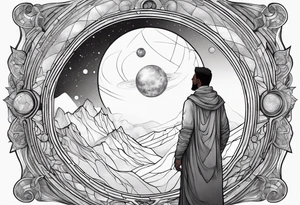 Jehovah looking out at the marvels of his creation from the atoms to the galaxy and celestial beings. With grey wash and a fantasy theme tattoo idea