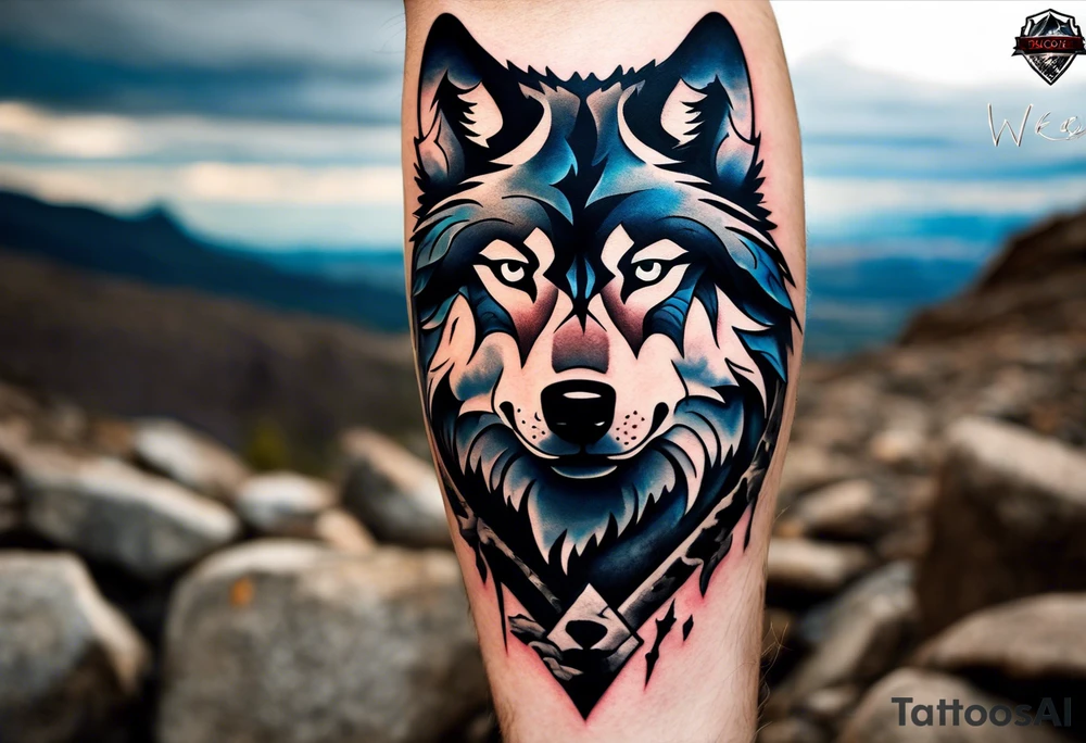 tattoo of a lone wolf navigating through a rugged landscape, with each obstacle representing a life battle – rocky terrain symbolizing challenges, storm clouds signifying hardships, and wild rivers representing struggles. The wolf is depicted with piercing eyes and a determined expression, embodying resilience and strength as it forges ahead. In the background, a subtle glow of sunlight breaks through the clouds, symbolizing hope and perseverance. Alongside the wolf, the phrase "Endure and Conquer" is inscribed in bold, minimalist lettering, encapsulating the theme of overcoming adversity with resilience and determination. tattoo idea