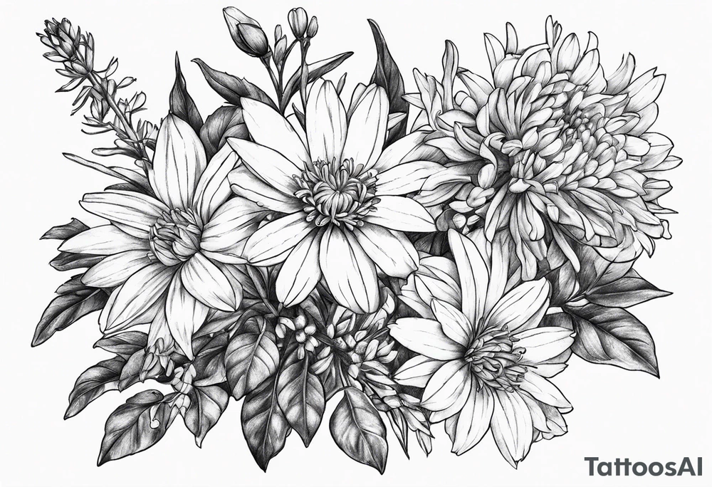 Aster and larkspur bouquet tattoo idea