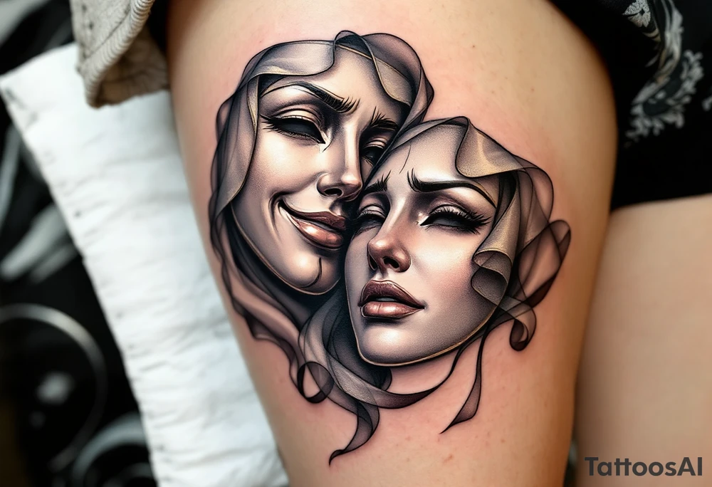 pair of ornate silver and gold theatre masks—one smiling, one crying—partially covered by a flowing, translucent veil. The title is in elegant white calligraphy, giving a mysterious and theatrical feel tattoo idea