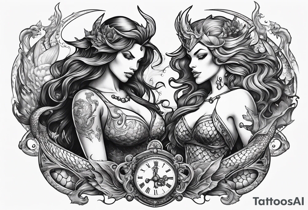 for the chest, a tattoo of a female mermaid and a male demon fighting each other over an hourglass. tattoo idea