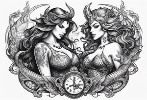 for the chest, a tattoo of a female mermaid and a male demon fighting each other over an hourglass. tattoo idea