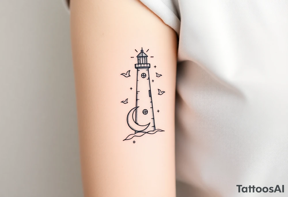 Simple Lighthouse shining with birds, a compass and crescent moon tattoo idea