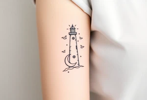 Simple Lighthouse shining with birds, a compass and crescent moon tattoo idea